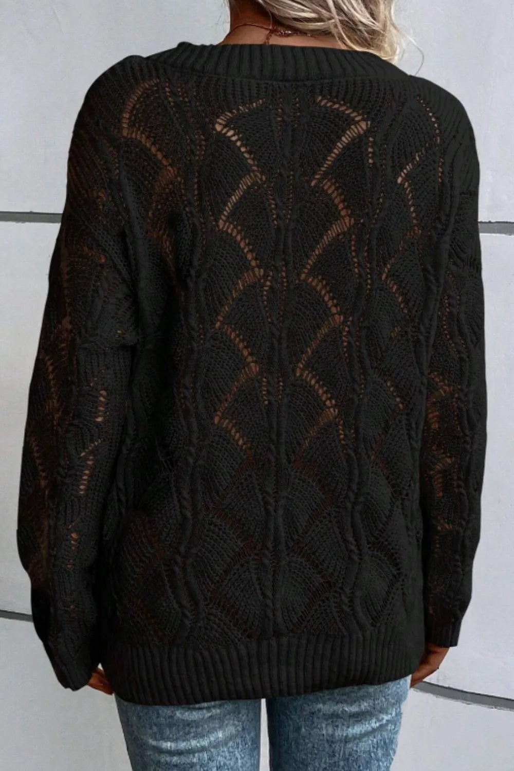 Openwork V-Neck Long Sleeve Sweater - adritiX
