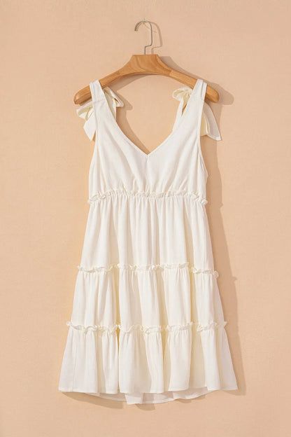 Solid Color Tied Straps Ruffle Tiered Mini Dress - adritiX
