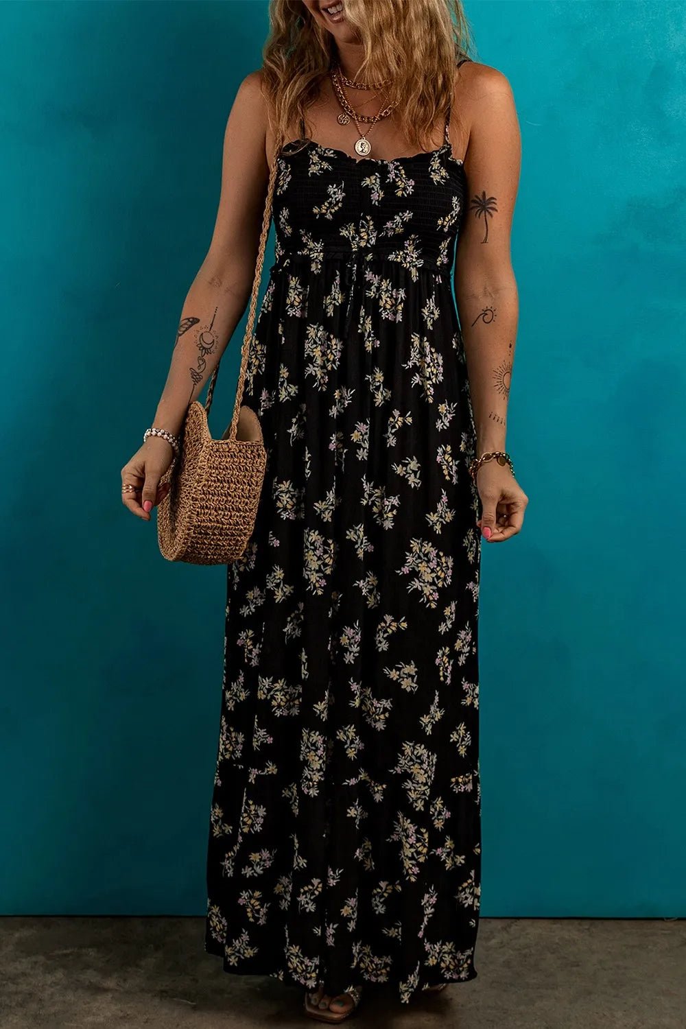 Floral Spaghetti Strap Shirred Bodice Tied Empire Waist Maxi Dress - adritiX