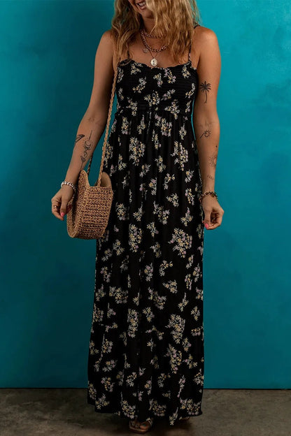 Floral Spaghetti Strap Shirred Bodice Tied Empire Waist Maxi Dress - adritiX