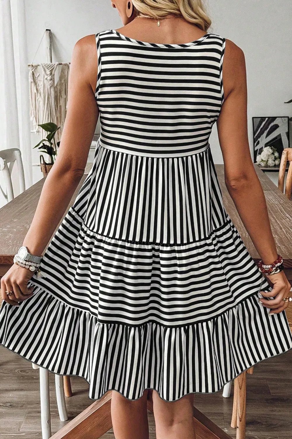 Striped Round Neck Sleeveless Mini Dress - adritiX