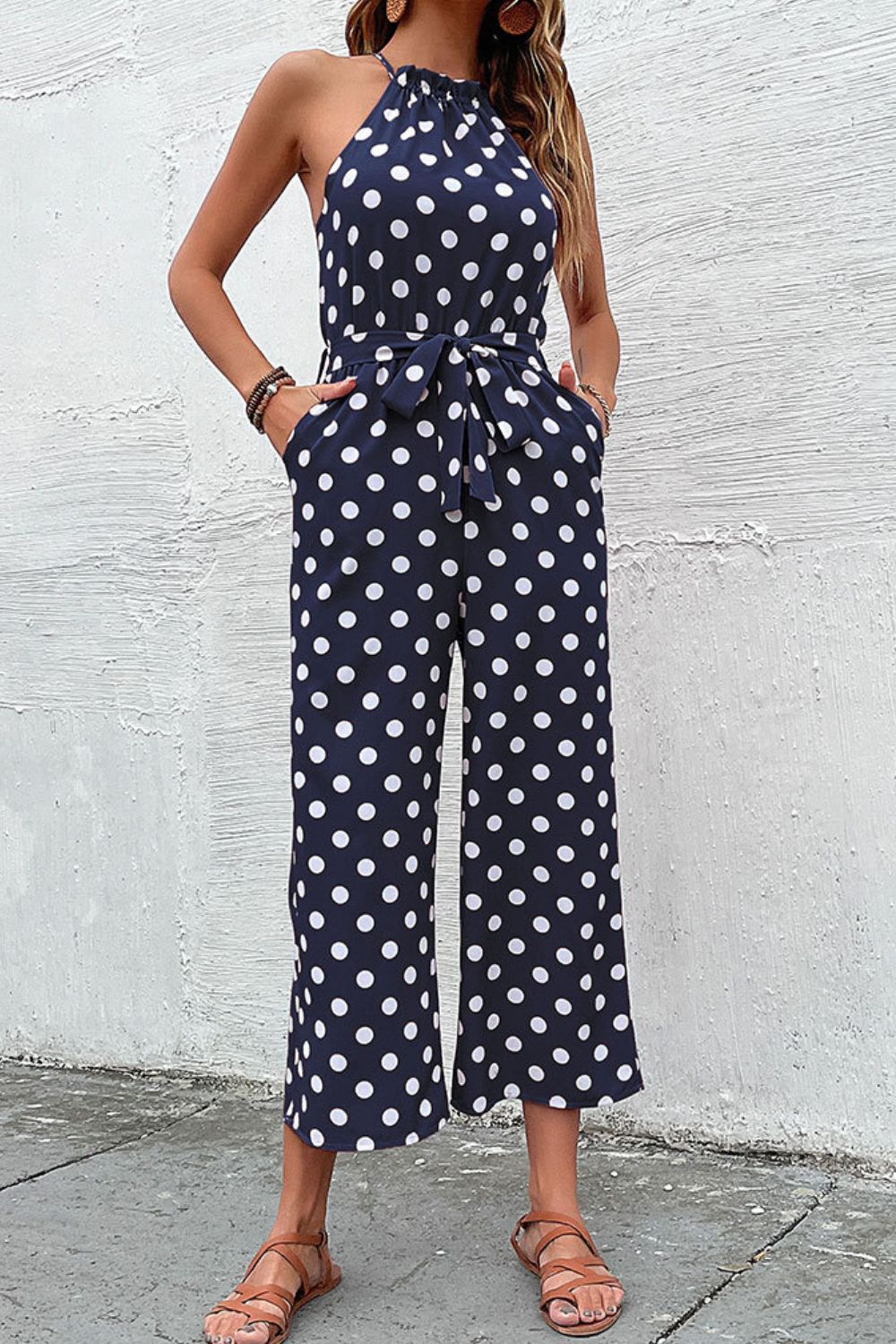 Elegant Perfee Polka Dot Grecian Wide Leg Jumpsuit - adritiX