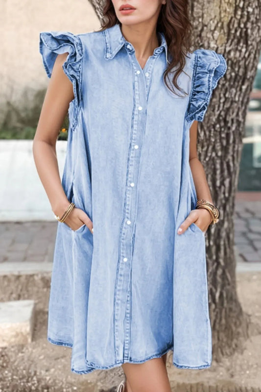 Elegant Ruffled Button Front Cap Sleeve Denim Dress - adritiX