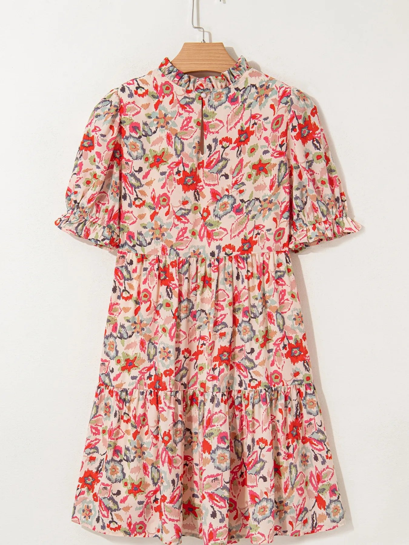 Floral Print Frilled Neck Puff Sleeve High Waist Dress - adritiX