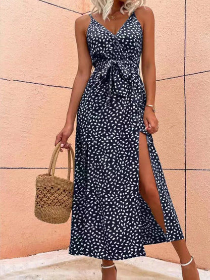 Slit Printed Surplice Midi Dress - adritiX