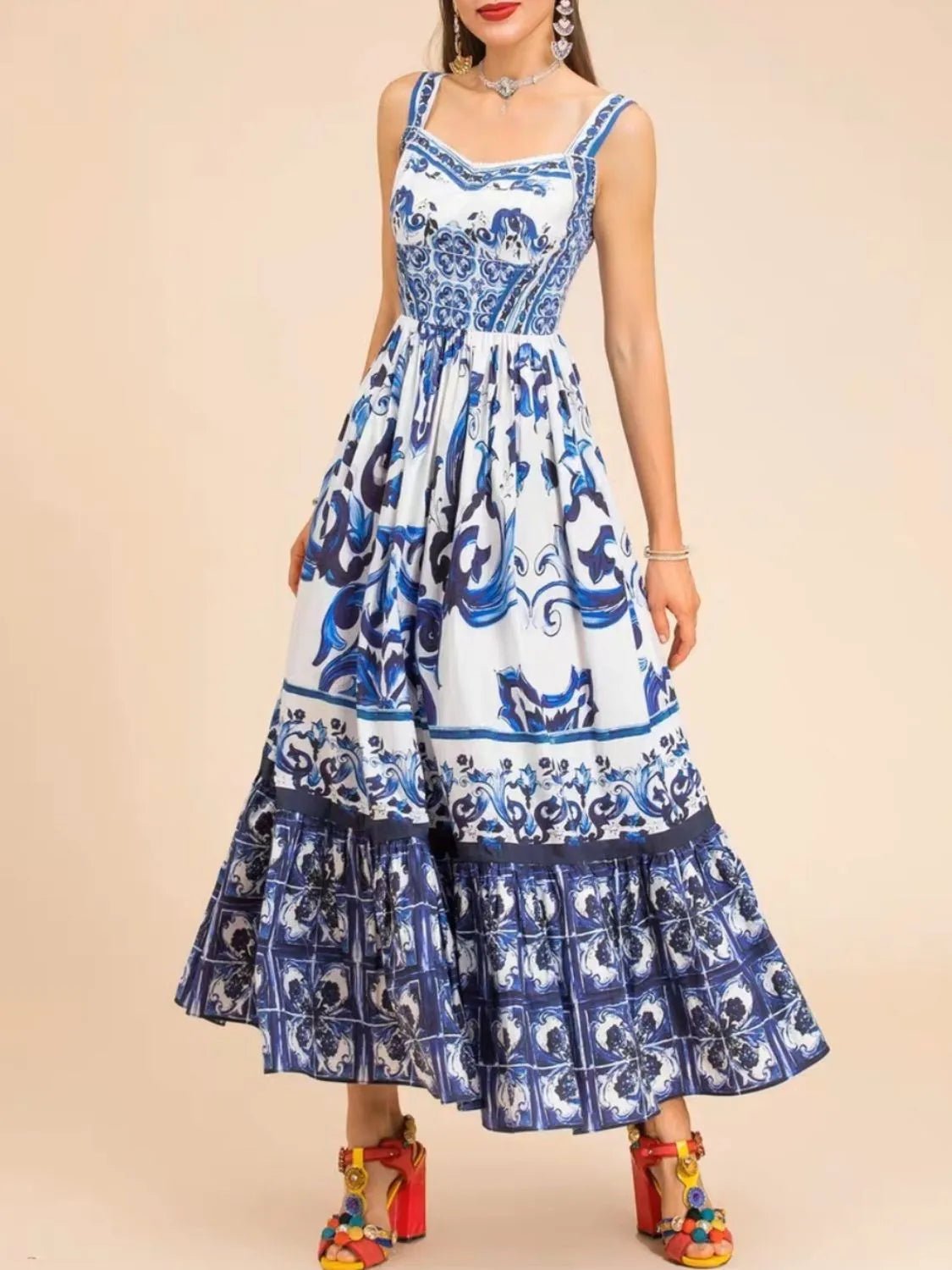 Smocked Printed Wide Strap Dress - adritiX
