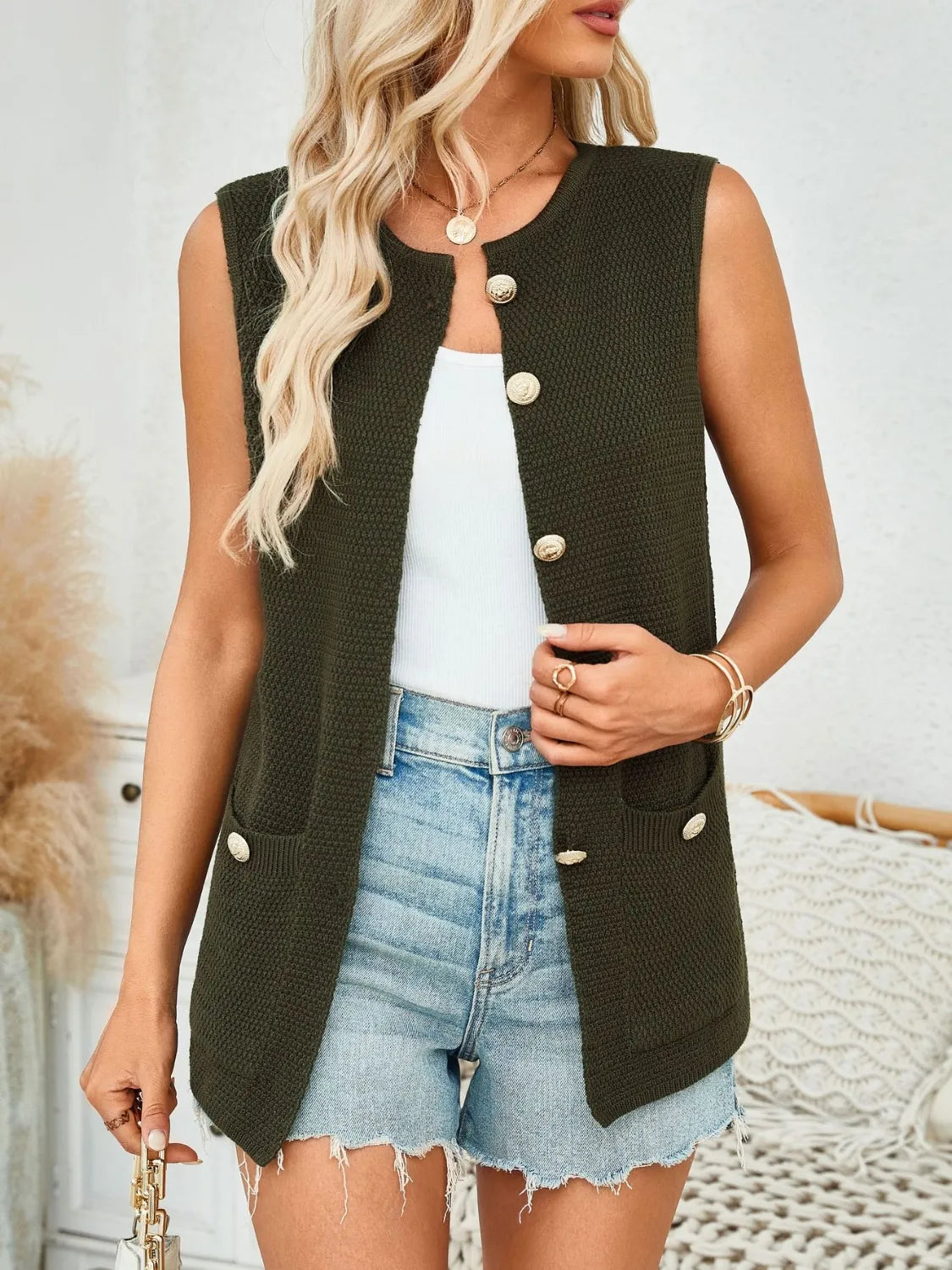 Button Down Round Neck Knit Vest - adritiX