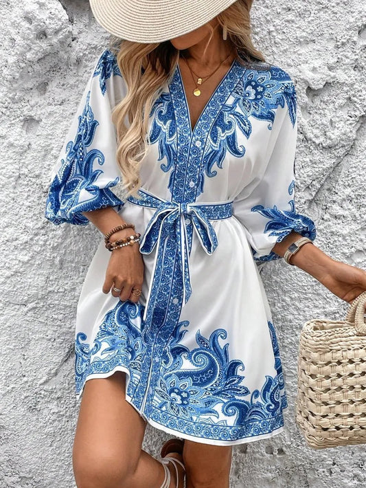 Paisley V-Neck 3/4 Sleeve Mini Dress - adritiX