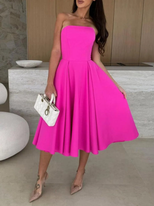 Elegant Solid Color Tube Midi Dress - adritiX