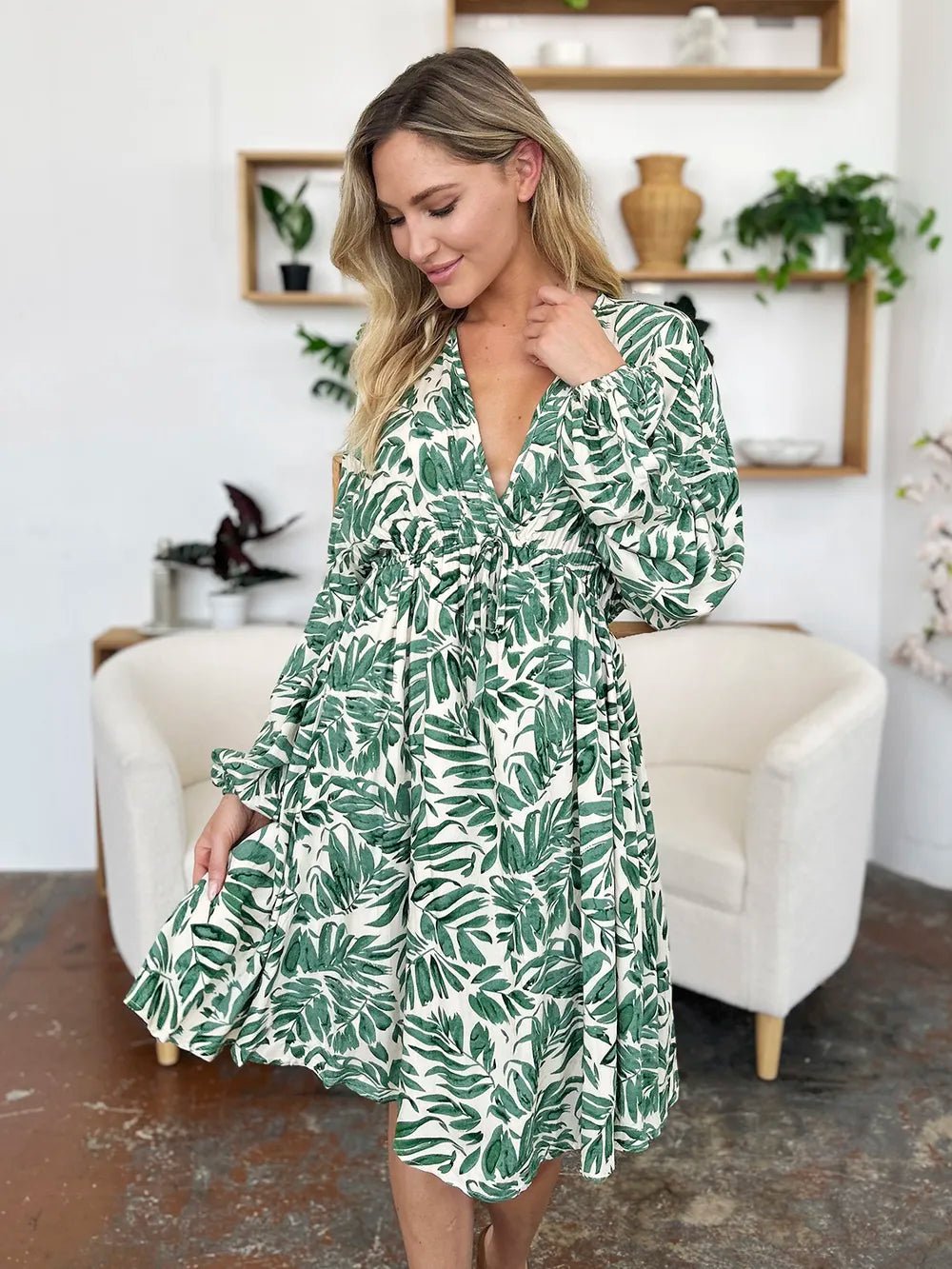 Double Take Full Size Printed Ruched Balloon Sleeve Dress - adritiX