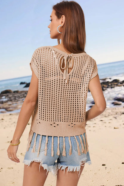 Openwork Cap Sleeve Knit Cover Up with Tassel - adritiX