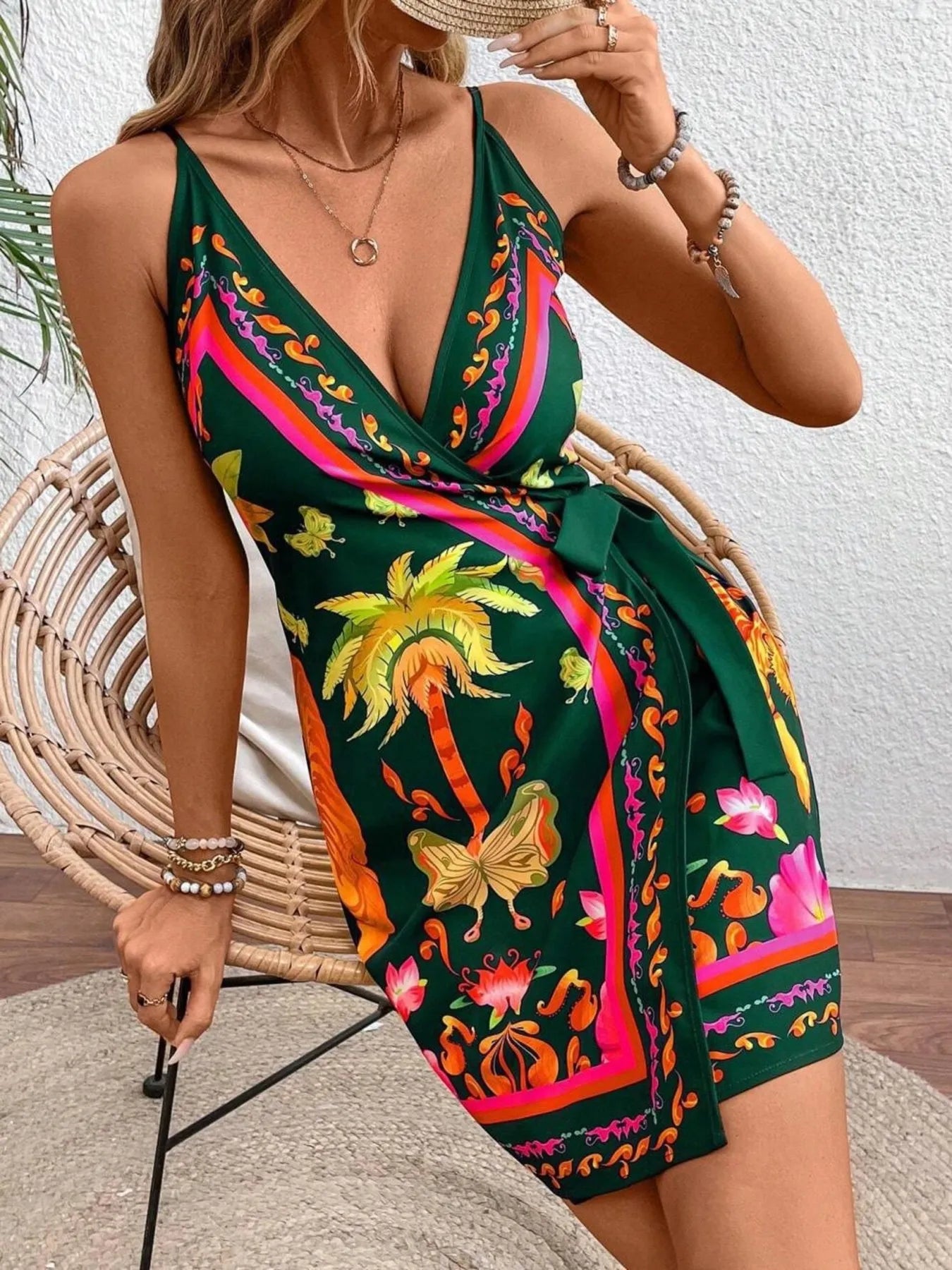Elegant Floral Print Spaghetti Strap Wrap Mini Dress - adritiX