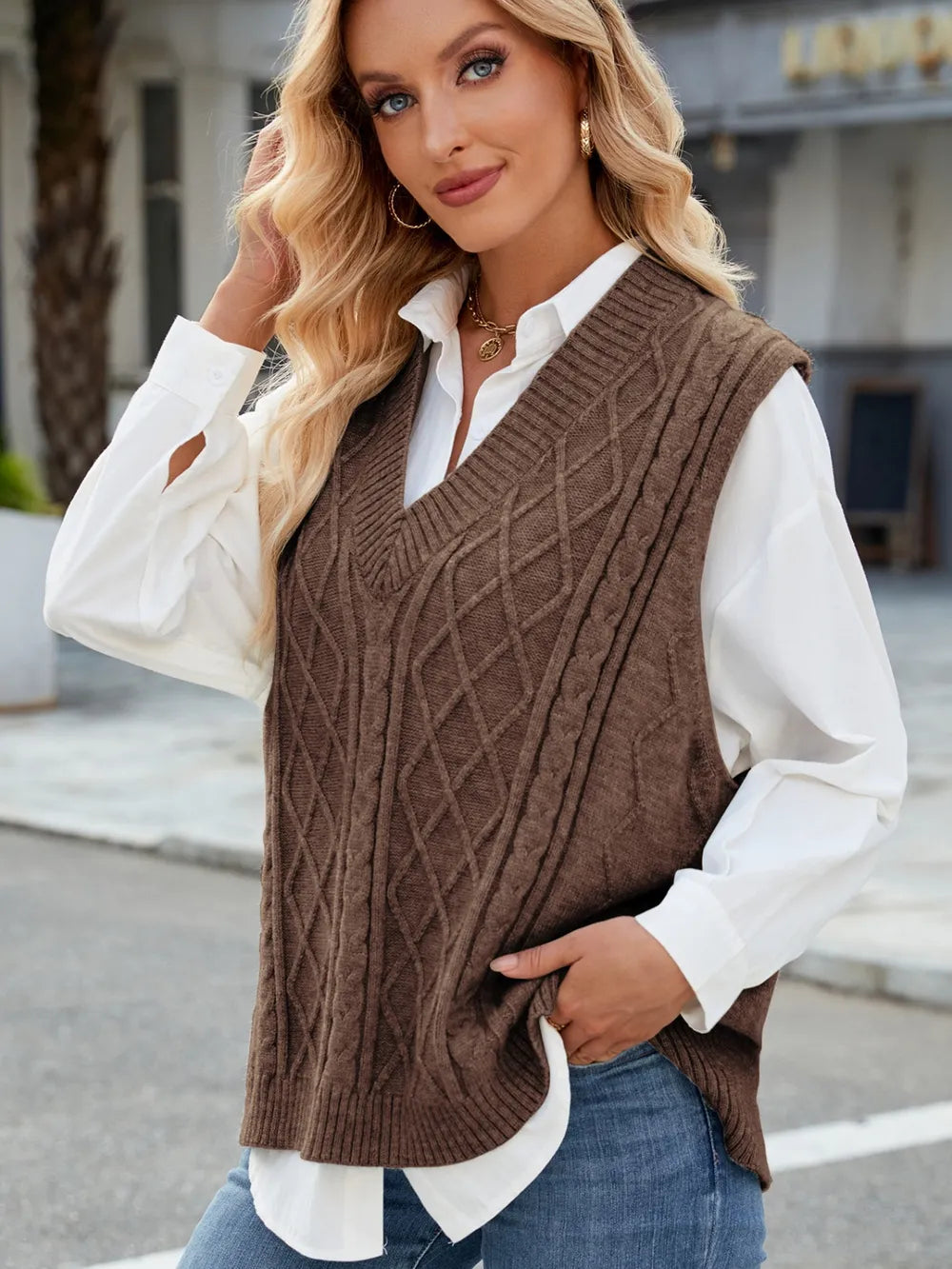 Cable Knit V-Neck Sweater Vest - adritiX