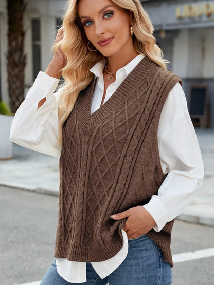 Cable Knit V-Neck Sweater Vest - adritiX