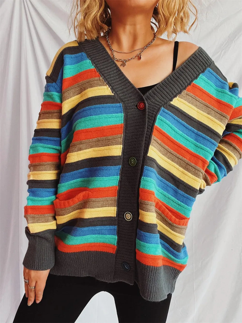 Contrast Stripes Button Up Long Sleeve Cardigan - adritiX