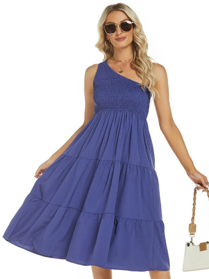 One-Shoulder Tiered Midi Dress with Smocked Bodice - adritiX