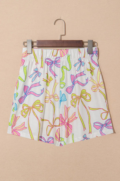Cheerful Bow Print Elastic Pull On Casual Shorts - adritiX