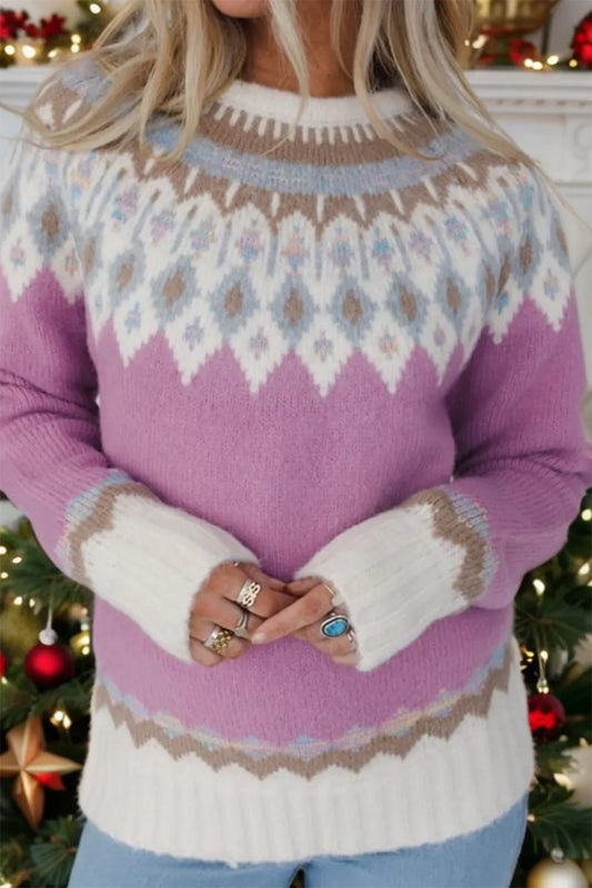 Elegant Geometric Round Neck Long Sleeve Sweater - adritiX