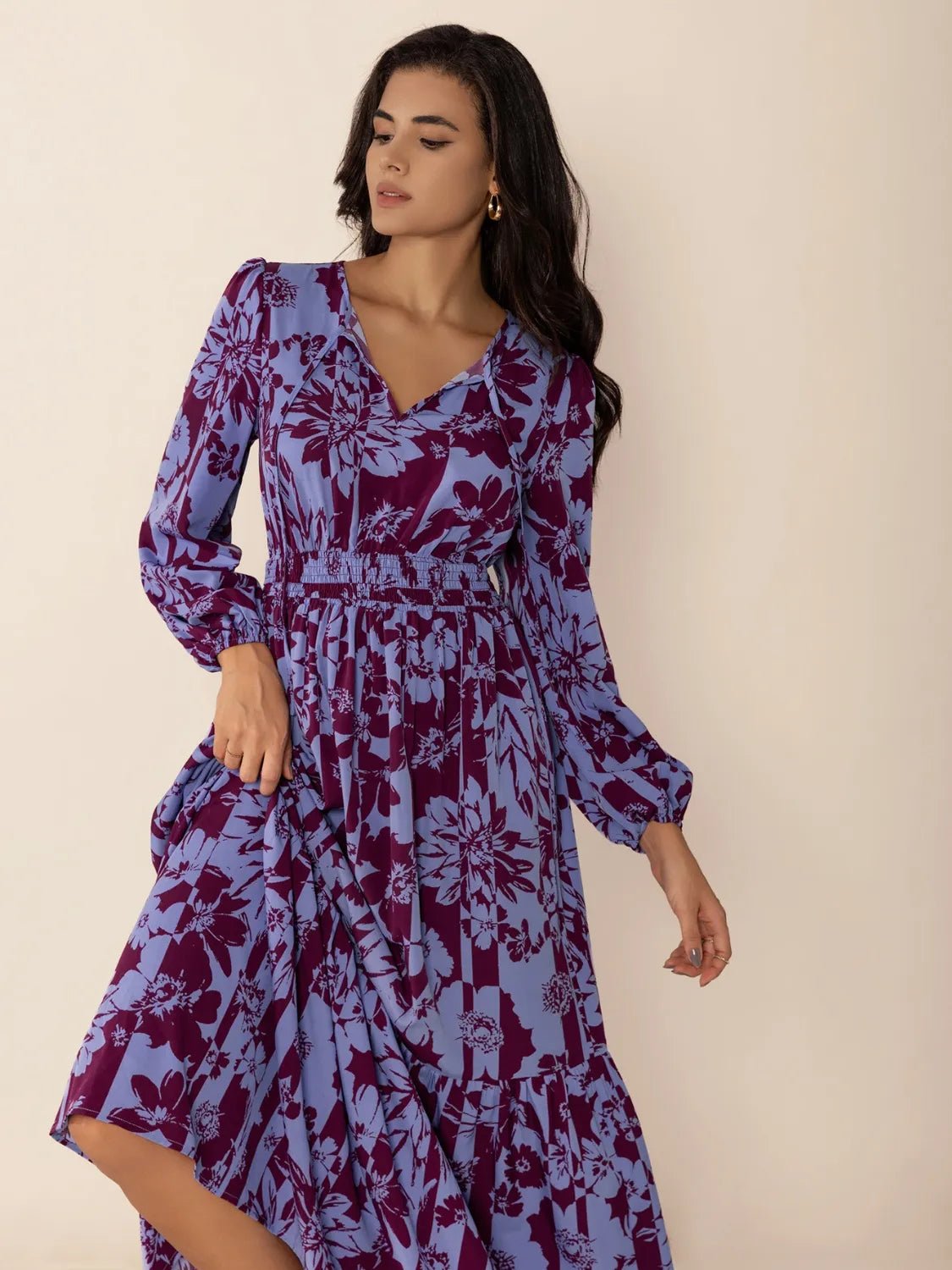 Printed Tie Neck Balloon Sleeve Maxi Dress - adritiX