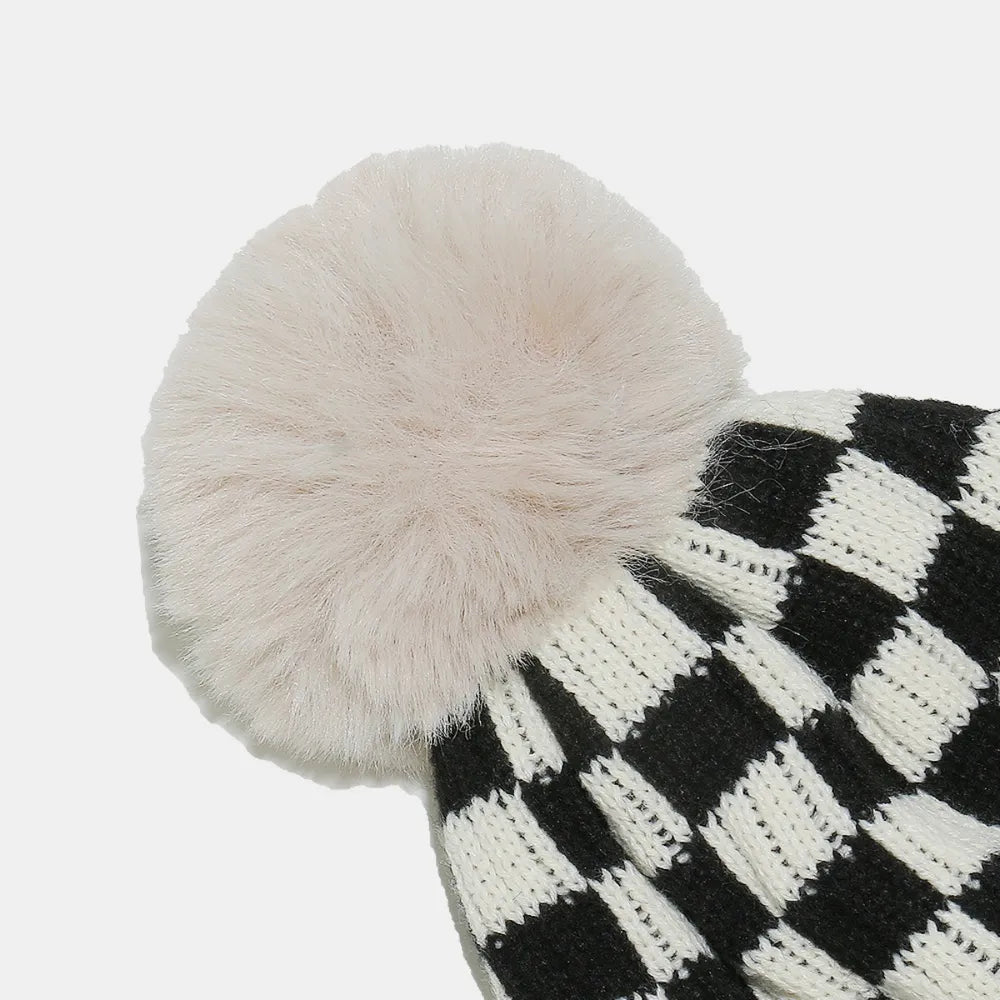 Checkered Knit Hat with Pompom - adritiX