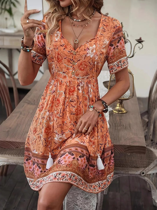 Printed Tie Neck Short Sleeve Summer Dress - adritiX