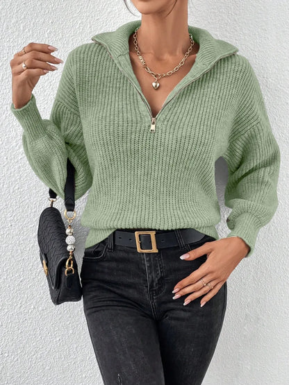 Elegant Honey Half Zip Dropped Shoulder Sweater - adritiX