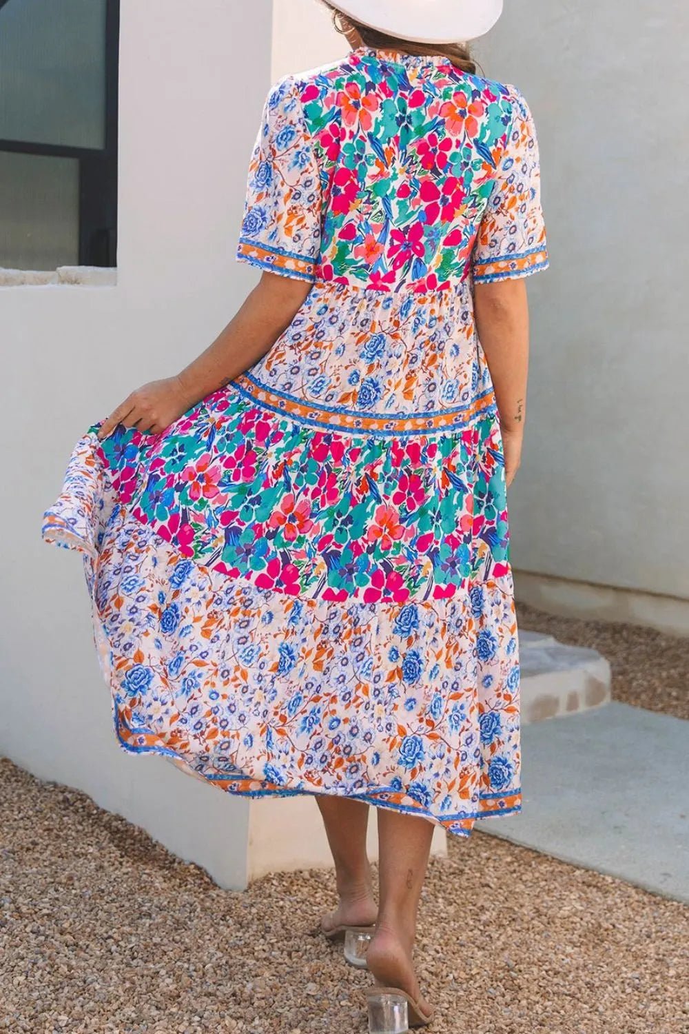 Mixed Floral Print Tie Neck Short Sleeve Dress - adritiX