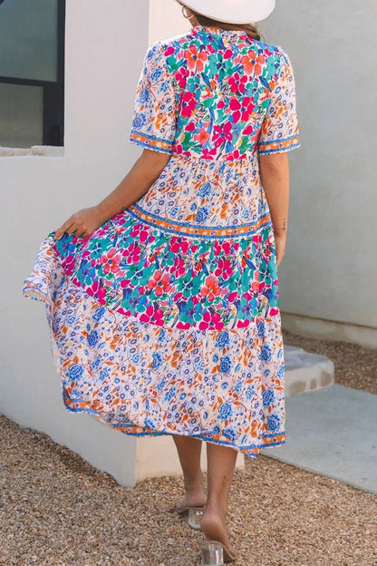 Mixed Floral Print Tie Neck Short Sleeve Dress - adritiX
