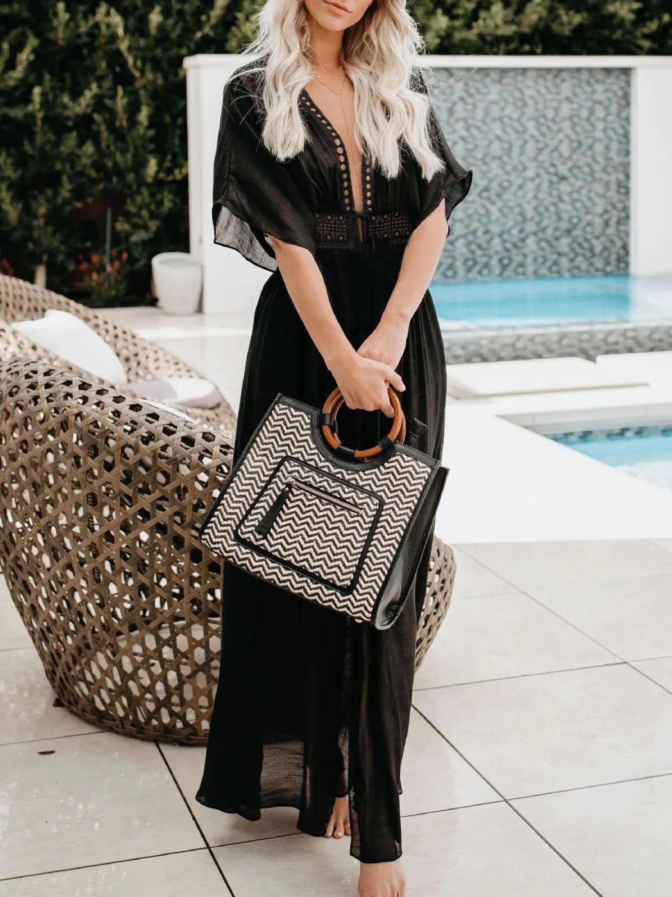 Lace Trim Plunging Beach Cover Up Maxi Dress - adritiX