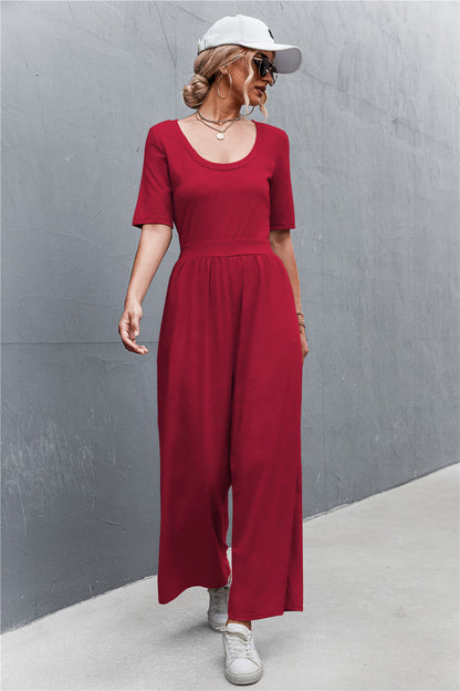 Elegant Scoop Neck Half Sleeve Wide Leg Jumpsuit - adritiX