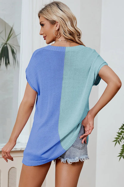 Color Block V-Neck Short Sleeve Knit Top - adritiX