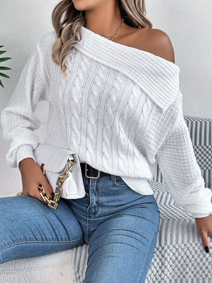 Cable-Knit One Shoulder Long Sleeve Sweater - adritiX