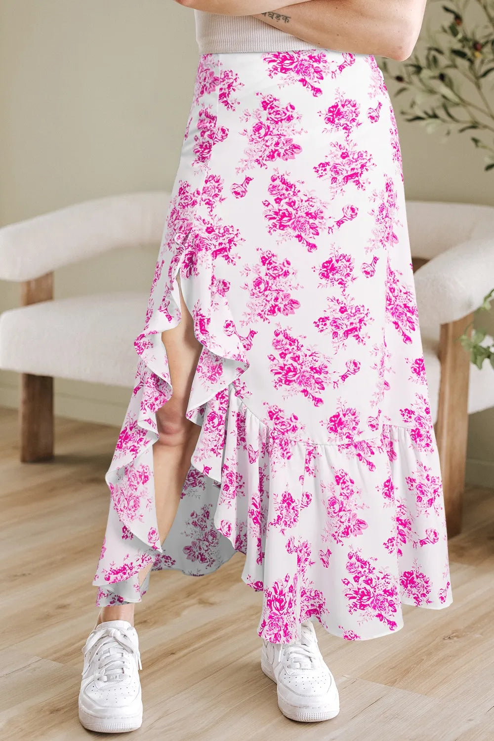 Boho Floral High Waist Ruffle Split Maxi Skirt - adritiX