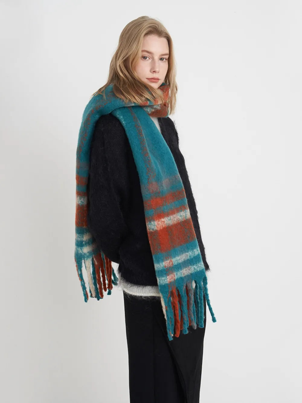 Fringe Plaid Polyester Scarf - adritiX