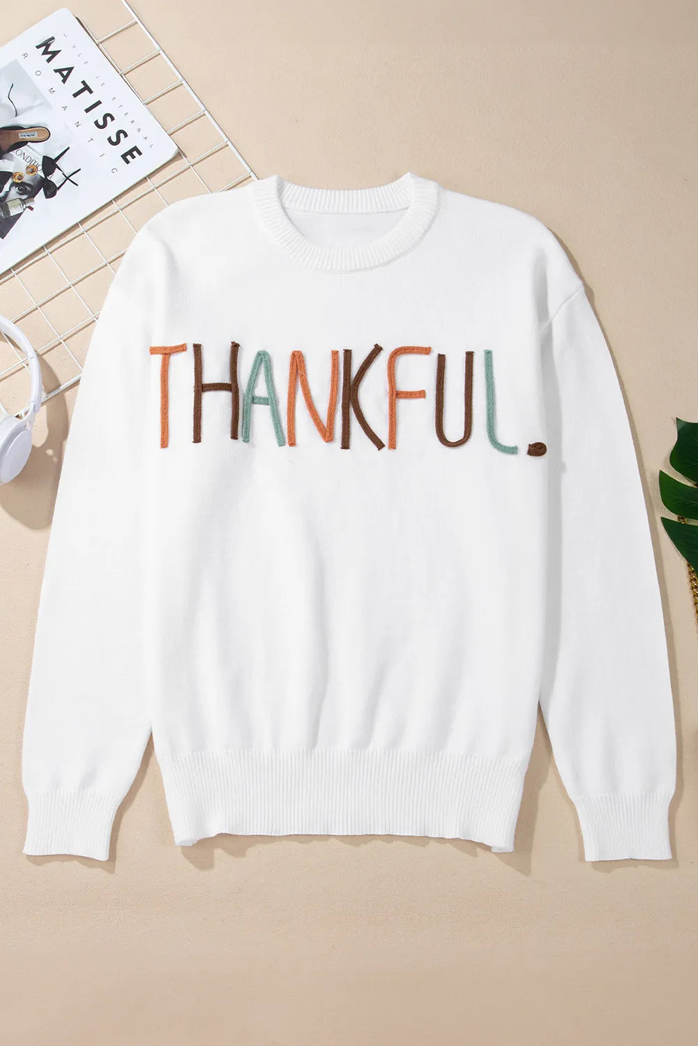 THANKFUL Round Neck Long Sleeve Knit Top - adritiX