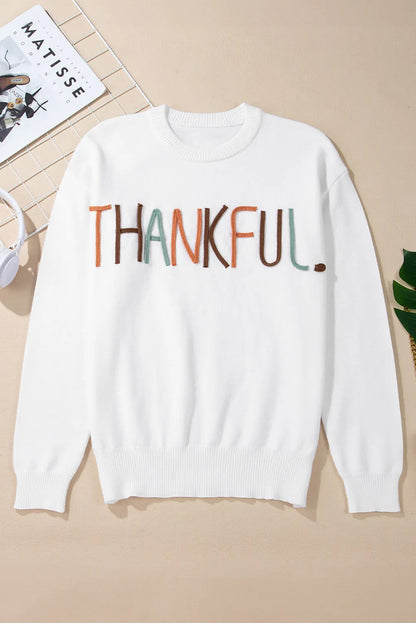 THANKFUL Round Neck Long Sleeve Knit Top - adritiX