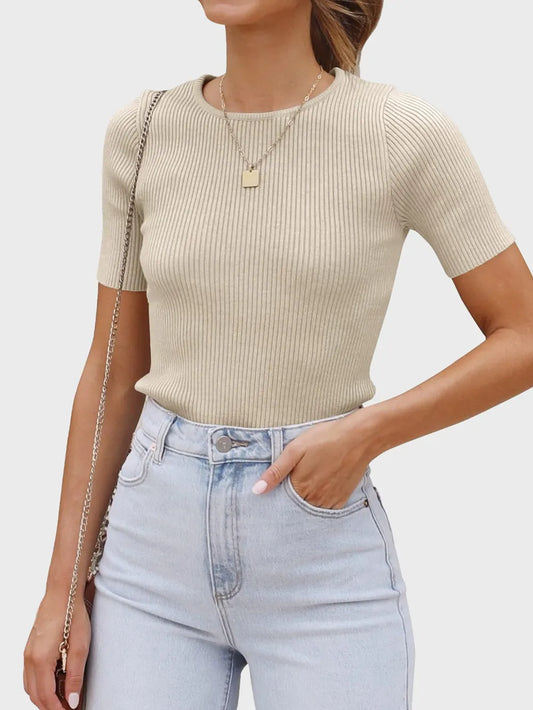 Round Neck Short Sleeve Knit Top - adritiX