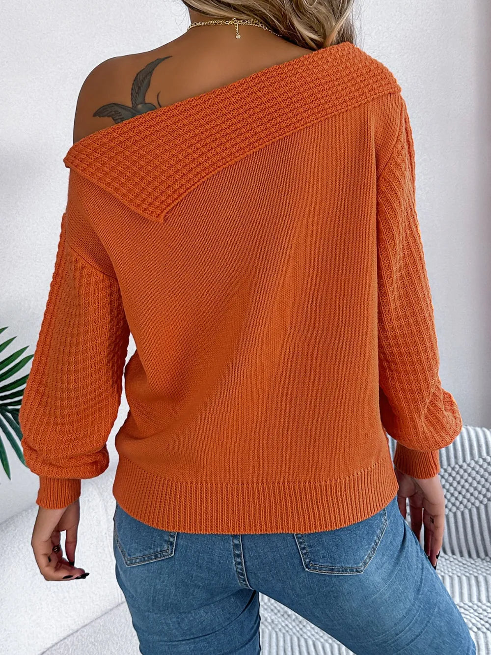 Cable-Knit One Shoulder Long Sleeve Sweater - adritiX