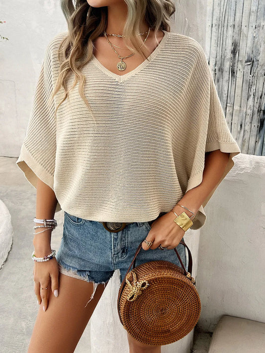 Devine V-Neck Batwing Sleeve Knit Top - adritiX