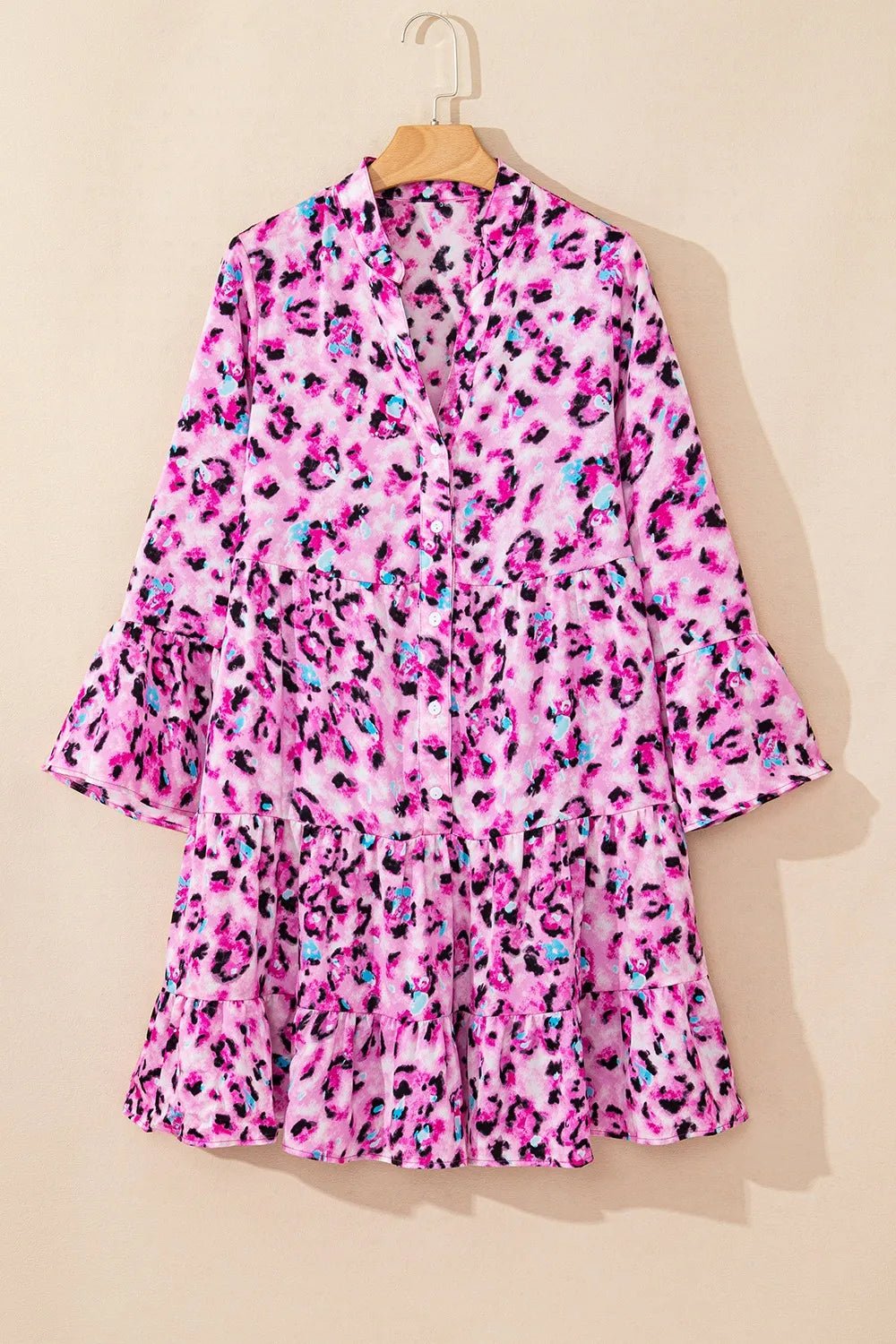 Leopard Print Buttoned Front 3/4 Sleeve Tiered Ruffled Hem Dress - adritiX