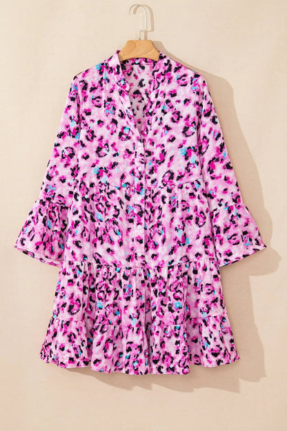 Leopard Print Buttoned Front 3/4 Sleeve Tiered Ruffled Hem Dress - adritiX