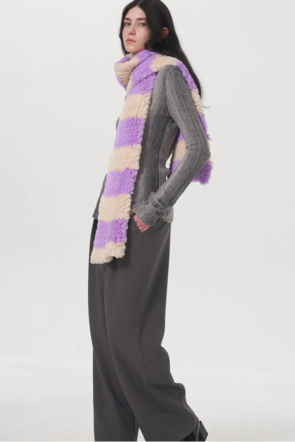 Fuzzy Contrast Striped Scarf - adritiX