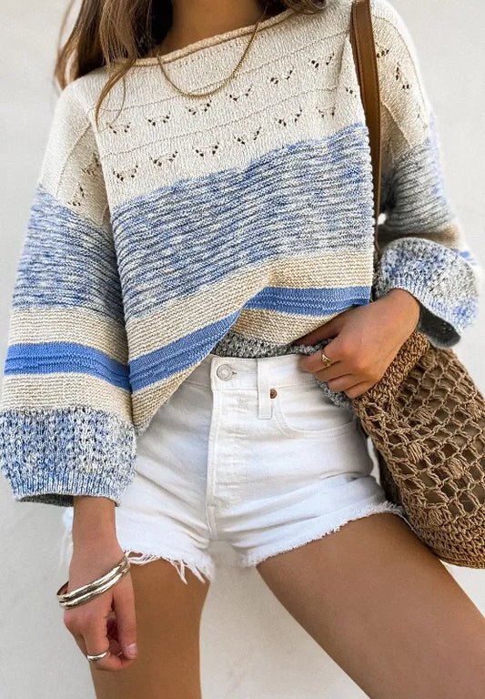 Contrast Round Neck Long Sleeve Sweater - adritiX