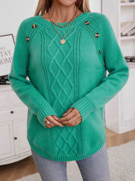 Decorative Button Round Neck Raglan Sleeve Sweater - adritiX