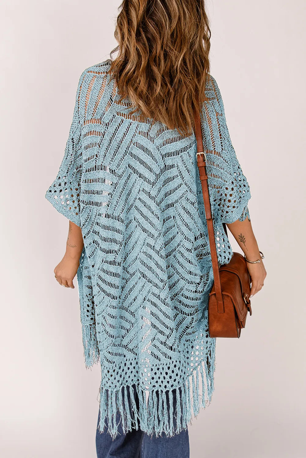 Openwork Open Front Cardigan with Fringes - adritiX