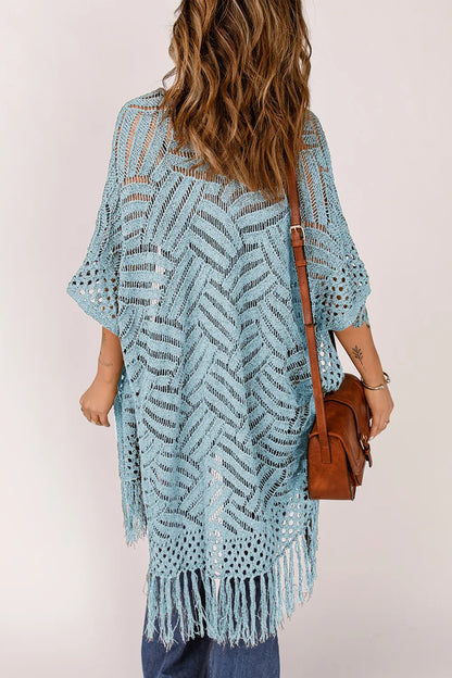 Openwork Open Front Cardigan with Fringes - adritiX