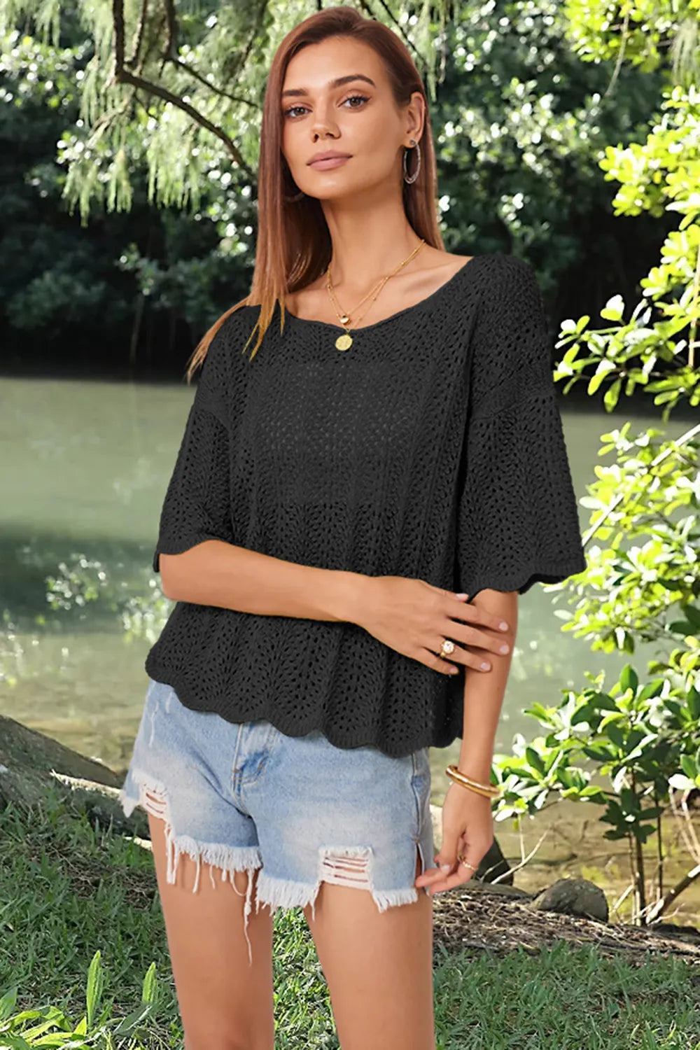Openwork Round Neck Half Sleeve Knit Top - adritiX