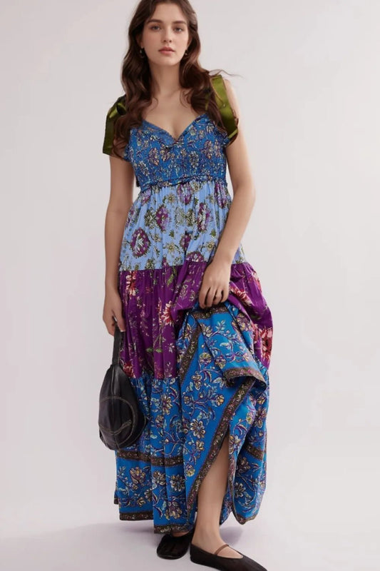 Floral Tiered Maxi Dress with Mixed Print Design - adritiX