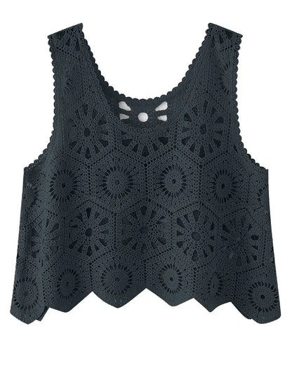 Openwork Round Neck Knit Vest - adritiX