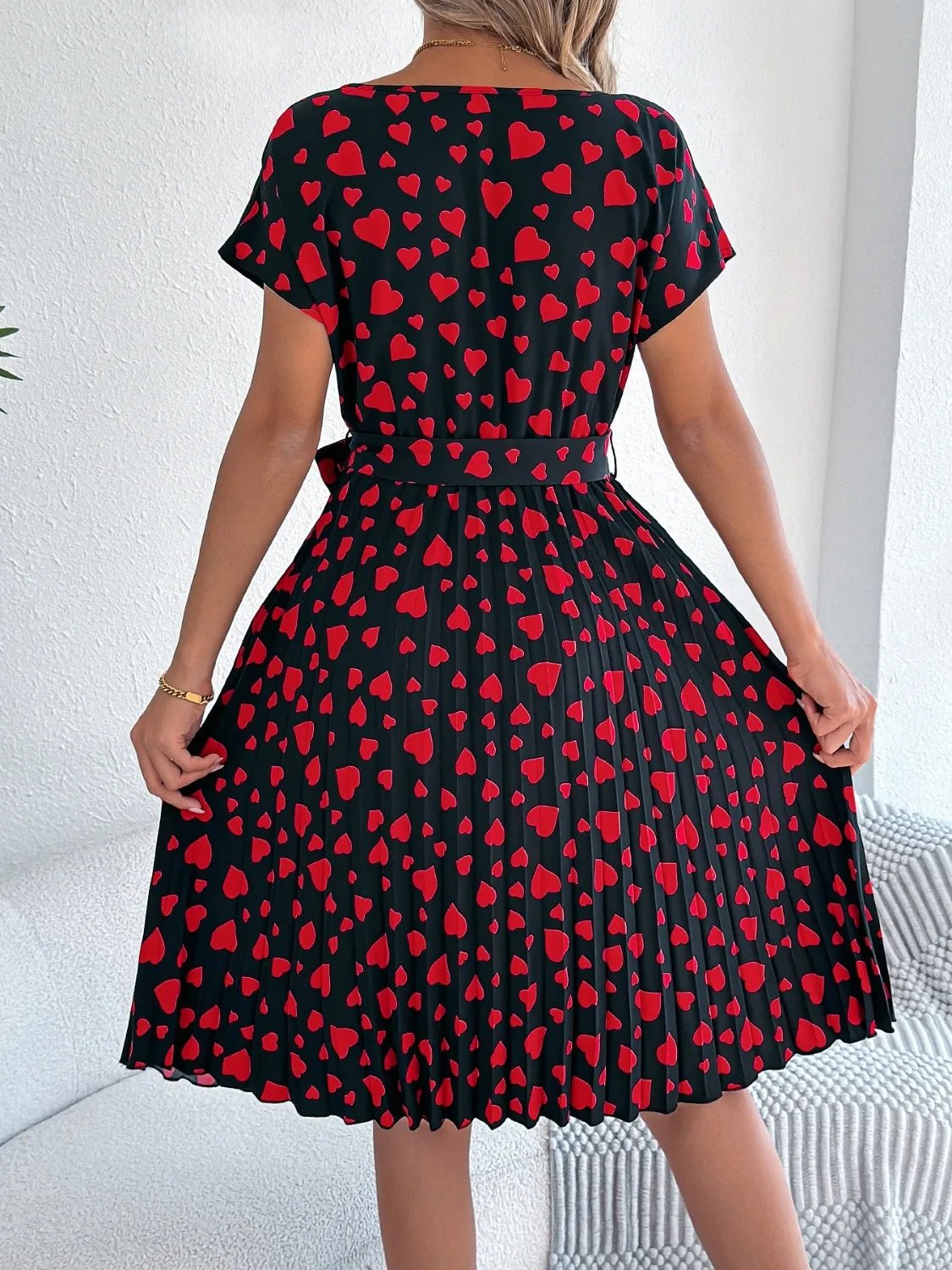 Heart Print Short Sleeve Tie Waist Dress - adritiX